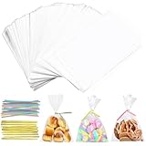 Tigvio 200pcs Cellophantüten 15x10cm Klarsichttüten zum Befüllen, mit Cellophantüten Klein und Metallbänder, als Kleine Tüten für Süßigkeiten auf Partei, Zellophantüten Durchsichtige Tüten
