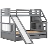 kubeier 90 x 200 über 140 x 200 Etagenbett mit Schubladen, Stauraum und Rutsche, multifunktional Doppelbett Hausbett, KinderzimmerRahmen aus massivem Kiefernholz, Grau