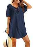 Ekouaer Strandkleider Damen Sommer Strandtunika V Ausschnitt Spitze Strandponcho Kurz Swimwear Cover Up Marineblau L