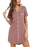 Anjue Pyjama Nachthemden für Frauen Knopfleiste Pyjama Tops kurz/Langarm Nachtwäsche Sleep Shirts Nachthemd S-XXL, Kurzarm, Lotus, X-Large