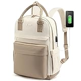 LOVEVOOK Rucksack Damen, 15,6 Zoll Laptop Schulrucksack Mädchen Teenager mit USB Ladeanschluss & Laptopfach, Wasserdichter Schultasche Daypack Elegant für Schule Uni Reise Arbeit, Khaki Beige