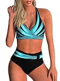 Adigaber Damen Zweiteiliger Badeanzug V Ausschnitt überkreuztes Blumenmuster Bikini Bademode Bauchkontrolle Bikini Sets L Blau gestreift