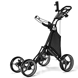 LIFEZEAL Golftrolley mit 4 Rädern, Golf Push Cart mit Fußbremse, Golfcaddy mit Aufbewahrungstasche & verstellbarem Griff, 110 x 65 x 100 cm, Grau