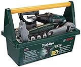 Klein Theo 8429 Bosch Werkzeug-Box | Mit Säge, Hammer, Zange und vielem mehr | Batteriebetriebener Akkuschrauber | Maße: 31 cm x 16,5 cm x 22,5 cm | Spielzeug für Kinder ab 3 Jahren
