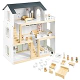 Mamabrum, Puppenhäus Aus Holz Mit Zubehör, Holzpuppenhaus mit Möbeln, Holztraumhaus mit Zubehör inklusive, 3-stöckiges Spielhauspuppen-Spielzeug für Kinder, skandinavisches Farbdesign