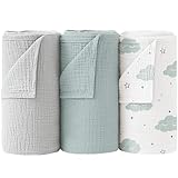 Bearmoss Baby Pucktuch Musselin Decke 100% Baumwolle Dünne Atmungsaktive Babydecke Baby Swaddle Decke Tücher für Junge und Mädchen 3 Stück 96x102cm (Wolken)