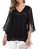 Enmain Damen Bluse Schwarz 3/4 Arm V-Ausschnitt Oberteile Tunika Tops Elegant Flowy Mesh Doppellagige Shirt XXXL