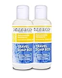 FIBERTEC Travel Soap Eco 2 x 100ml - 3-in-1 Reise-Seife flüssig, Körperpflege, Waschmittel & Geschirrspülmittel in einer Universal-Lösung, Biologisch abbaubar, Made in Germany