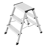 Hailo D60 StandardLine Alu-Klapptritt-Leiter - 2x3 Stufen belastbar bis 150 kg - Trittleiter mit Klappsperre - Füße mit Soft-Grip-Sohle - platzsparend zusammenklappbar - Aluleiter rostfrei - Silber