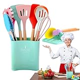Silikon-Küchenutensilien, Küchenutensilien-Set – Küchenhelfer-Set – Küchenwerkzeug mit Holzgriff, 12-teilig, inklusive Pfannenwender