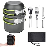 ERBO Camping Kochgeschirr Set, Camping Topf aus Aluminium, Outdoor Kochgeschirr mit Faltbare Besteck, Campinggeschirr 2 Personen, Camping Geschirr für Wandern Angeln Picknick (Grün)