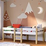 Bellabino Aspy Kinderbett 90x200 cm – Hochbett mit Rausfallschutz & Lattenrost – Halbhochbett mit Leiter aus Kiefer Massivholz in Weiß/Natur – Jugendbett für Jungen und Mädchen