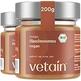 VETAIN Bio Haselnussmus Cremig - 100% Haselnüsse - vegane Haselnusscreme - ohne Zuckerzusatz & Palmöl - glutenfreies Nussmus - perfekt als Topping für Müsli, Porridge oder als Brotaufstrich (2 x 200g)