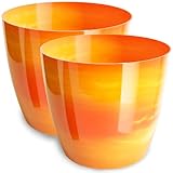 PECZEKO Blumentopf glänzender, Pflanzkübel aus Übertopf Kunststoff Dekorativer Topf für, groß und klein Pflanzen, 2er-Set blumenkübel, blumenkübel kräutertopf, (2 Pack) Orange, ø 14 cm