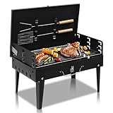 LEADZM Holzkohlegrill mit Deckel - Klappgrill für Camping & Picknick, L44×B27×H7 cm - Quadratischer Outdoor-Grill inkl Gabel- und Spatel-Komplettset - Schwarz