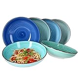 MamboCat Blue Baita Spaghetti-Teller Set 6-teilig I Pasta-Teller tief Ø 23,5 cm I Salat-Schale 800 ml I Steingut-Set in 6 verschiedenen Blau-Tönen I Suppen-Schalen spülmaschinengeeignet