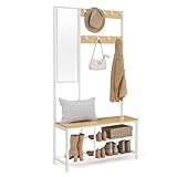 VASAGLE Garderobenständer, Garderobe mit Haken, Kleiderständer mit Spiegel, Schuhbank und Ablagen, 36 x 98 x 185 cm, für Flur, Schlafzimmer, Wohnzimmer, eichenfarben-weiß HSR050W09