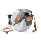 FUXTEC automatische Schlauchtrommel FX-WSA30 – 30 m Gartenschlauch ½ Zoll – Schlauchaufroller zur Wandmontage inkl. Handbrause und Anschlüssen – 180° schwenkbar (65x29x46 cm)