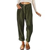 Damen Cordhose L?ssig Cord Hosen F?r Frauen Hohe Taille Lange Gerade Bein Baggy Hosen Mit Taschen B?ro Arbeit Casual Knopfleiste Rei?verschluss Einfarbig Lockere Vintage Freizeithose Armee Gr?n M