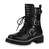 SCARPE VITA Damen Stiefeletten Leicht Gefütterte Biker Boots Gesteppt Schnallen Plateau Vorne Schuhe Blockabsatz Freizeit Schnürer 196954 Schwarz 36