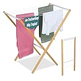 Relaxdays Wäscheständer, klappbar, 8 Stangen, HxBxT: 77 x 79 x 49 cm, Bambus, Metall, Standwäschetrockner, Natur/weiß