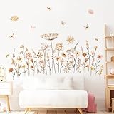 decalmile Wandtattoo Blumen Boho Wandaufkleber Wildblume Löwenzahn Schmetterlinge Wandsticker Schlafzimmer Wohnzimmer Sofa Hintergrund Wanddeko