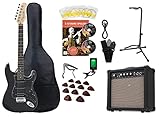 Rocktile Super Kit Komplettset E-Gitarre (Verstärker, Stimmgerät, Kapodaster, Gurt, Plektren, Tasche, Gitarrenständer und Schule inkl. CD/DVD) schwarz