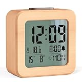 HERMIC Wecker Digital mit Echtholzgehäuse, Automatischer Lichtsensor, Temperaturanzeige, Datum und Wochentag, Schlummerfunktion, Batteriebetrieben (3 AAA-Batterien im Lieferumfang Enthalten)