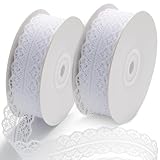 2 Rolls Spitzenband Weiß Vintage, 45 Meter Weiss Spitzenbordüre zum Nähen Dekoband Spitze Bände für Hochzeit Tischdeko Basteln Geschenkband Kraftpapier (30 mm Breit)