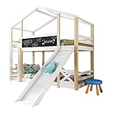 HESHU Etagenbett für 2 Kinder, Kinderbett Baumhaus mit Rutsche & Leiter, 90x200cm, Hochbett für Kinder– 2X Lattenrost, Funktionsbett Stockbett Jugendbett (Weiß mit Rutsche)