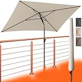 Menz Sonnenschirm Balkon inkl. Sonnenschirmhülle - UPF 50+ Sonnenschirm rechteckig für Sonnenschutz auf Balkon und Terrasse, 200 x 125 cm Balkonschirm rechteckig stabil, mit Knickfunktion, Beige