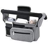 Baby-Kinderwagen-Organizer, mit Becherhalter und rutschfester, abnehmbarer Reißverschlusstasche, großes Fassungsvermögen für Baby-Kinderwagen-Essentials, kompaktes Design (Grau)