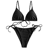 ZAFUL Damen Gepolstert Bikini Set, Einfarbig Bikini Badeanzug mit Dreieck Cup Spaghetti-Träger (Schwarz, S)