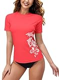 BesserBay Damen UV Schutz Shirt Kurzarm Badeshirt Urlaub Surf Shirt UV Sonnenschutz Badekleidung Coral M