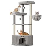 Feandrea Kratzbaum, Katzenbaum, 48,5 x 48,5 x 140,7 cm, Katzenkratzbaum mit großer Kuschelhöhle, großen Plattformen, Plüschbällen, Liegemulde, Taubengrau PCT009G01