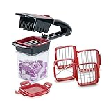 Genius A27165 Nicer Dicer Quick XXL Set 7tlg-Der Zerkleinerer mit 3 austauschbaren Messereinsätzen und Auffangbehälter 320 ml im Handformat | 30 Würfel oder 10 Scheiben mit einem klick, Edelstahl, Rot