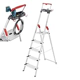 Hailo L84 ComfortLine Alu-Sicherheits-Stehleiter - 5 XXL-Stufen belastbar bis 150 kg - Tiefe Standfläche & Haltegriff - Stehleiter mit Ablage - Aluleiter Made in Germany - Leiter rostfrei - Silber