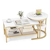 COSTWAY 2er Set Couchtisch, Beistelltisch Marmor Optik mit Metallrahmen & Ablage, Kaffeetisch Wohnzimmertisch Sofatisch für Wohnzimmer, Schlafzimmer (Weiß + Golden)