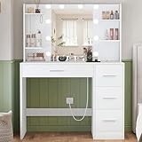 TEENFON Schminktisch mit Spiegel und Beleuchtung, Make-up Schminktische mit Steckdose, Schminktisch mit 4 Schubladen, 4 offenen Regalen, 5 Schmuckhaken für Schlafzimmer, Weiß