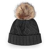 TROYSINC Damen Wintermütze Klassische Warme Beanie Strickmütze mit Strickmuster und Fell-Bommel (Dunkelgrau)