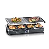 SEVERIN Raclette-Grill mit Naturgrillstein und Grillplatte, Raclette mit antihaftbeschichteter Grillplatte und 8 Pfännchen, Tischgrill für 8 Personen, max. 1300 W, schwarz, RG 2371