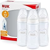 NUK First Choice+ Babyflasche im Set | 0–6 Monate | Temperature Control Anzeige | Trinksauger aus Silikon | Anti-Colic-Ventil | BPA-frei | 150 ml | Grau und Weiß | 3 Stück