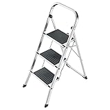 Hailo K70 StandardLine Alu-Klapptritt-Leiter - 3 große Stahl-Stufen mit Anti-Rutsch-Matten belastbar bis 150 kg - Trittleiter mit Klappsicherung - besonders leicht und einfach zu verstauen - Silber
