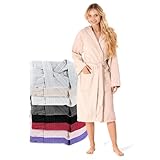 Twinzen Bademantel Damen - 100% Baumwolle (350g/m²) OEKO-TEX® Zertifiziert - Morgenmantel Damen mit Kapuze, 2 Taschen, Gürtel - Beige - M