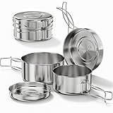 Bestargot Camping Topf Kochgeschirr Set aus Edelstahl 304, 4-teiliges Camping Topfset (900ml + 600ml), Camping Kochtopf Outdoor Geschirr Set, Ou