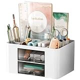 Newpop Schreibtisch Organizer, Multifunktionaler Stiftehalter Schreibtisch, 5 Fächer Büro Stifte Organizer mit 2 Schubladen, Plastik Tisch Stifthalter Organizer, Büroorganisation für Zuhause Schule