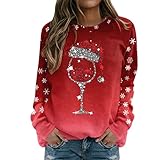 Weihnachtspullover Damen Sweatshirt Rundhals Langarm Rentier Weinglas Weihnachtsmann Druck Langarmshirt Teenager Mädchen Christmas Sweatshirt Weihnachtspulli Oberteile Tops Pullover Shirt (e-Red, L)