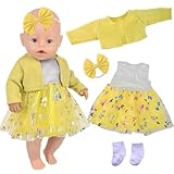 14-18 Zoll Babypuppenkleidung, 4 Stück 35-45cm Puppenkleidung, Puppenkleider mit Gelber Mantel Tüllrock Haarband Socken, Süße 43 cm Puppen Outfits, Babypuppen Kleidungs Zubehör für Mädchengeburtstag