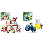 LEGO 10970 DUPLO Feuerwehrwache mit Hubschrauber, Feuerwehr-Spielzeug & DUPLO Polizeimotorrad, Polizei-Spielzeug für Kleinkinder ab 2 Jahre