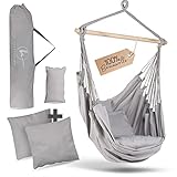 BELLAMATILDA® HÄNGESESSEL 100% Baumwolle | breites Tuch und 3 Kissen | Hängestuhl Outdoor & Indoor | XXL Hängesitz für Erwachsene & Kinder bis 150 kg (Länge 120_x_Breite 160_cm, Hellgrau)